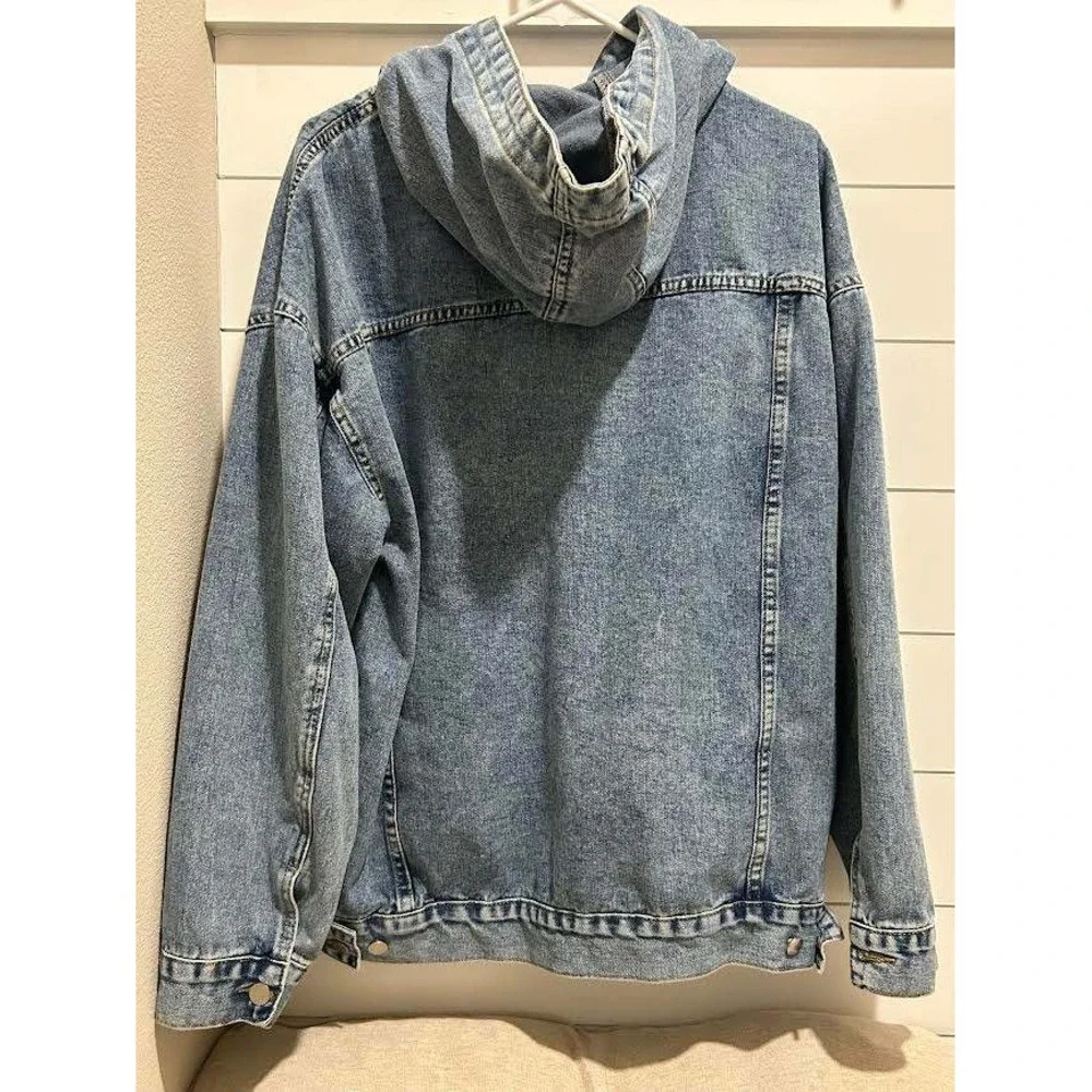 Retro Acid Wash Denim Hoodie Pullover Blue Oversized Jean Jacket 2XL Mens - Picture 2 of 6